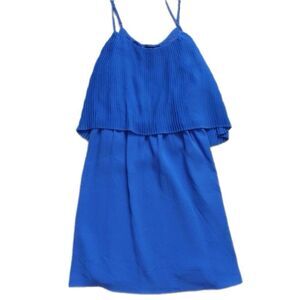 Mossimo Blue Pleated Front Ruffle Overlay Fit & Flare Mini Dress